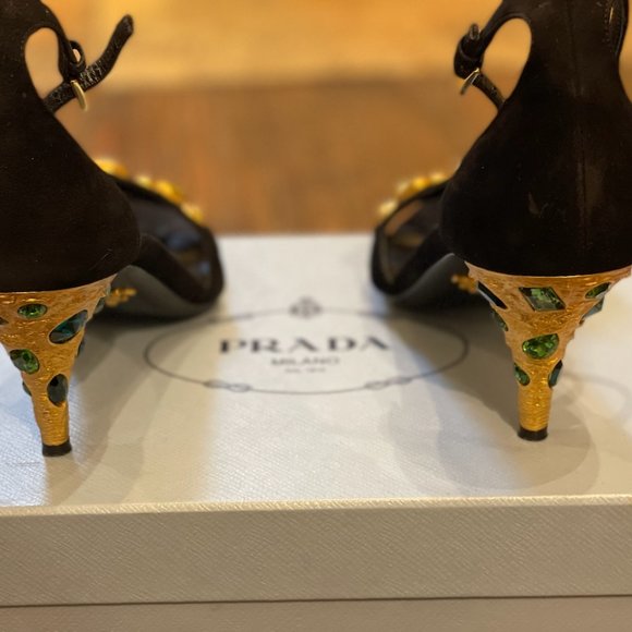 PRADA Black Suede Ankle Strap Sandals Metal Sculptural Gold Heel with Emeralds - Picture 4 of 16